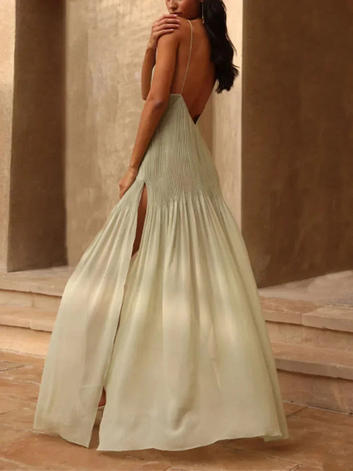 Light Green Long Dress for Women with Slit and Thin Straps