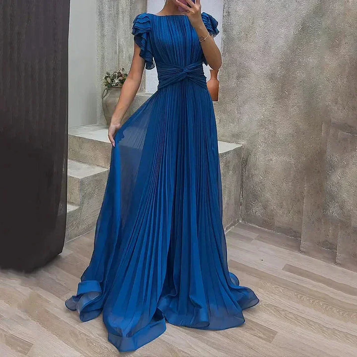 Long Pleated Dress for Women with Ruffled Sleeves and Belt