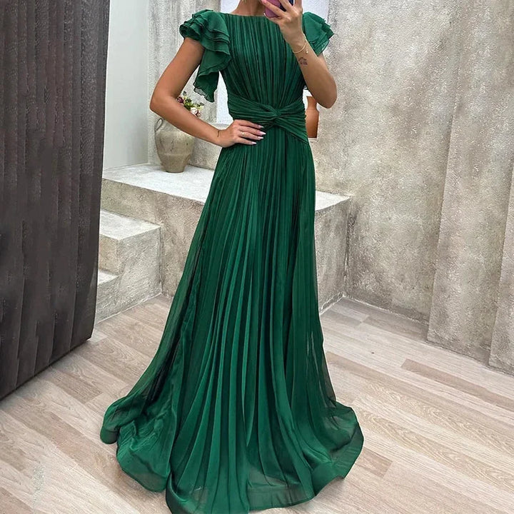Long Pleated Dress for Women with Ruffled Sleeves and Belt