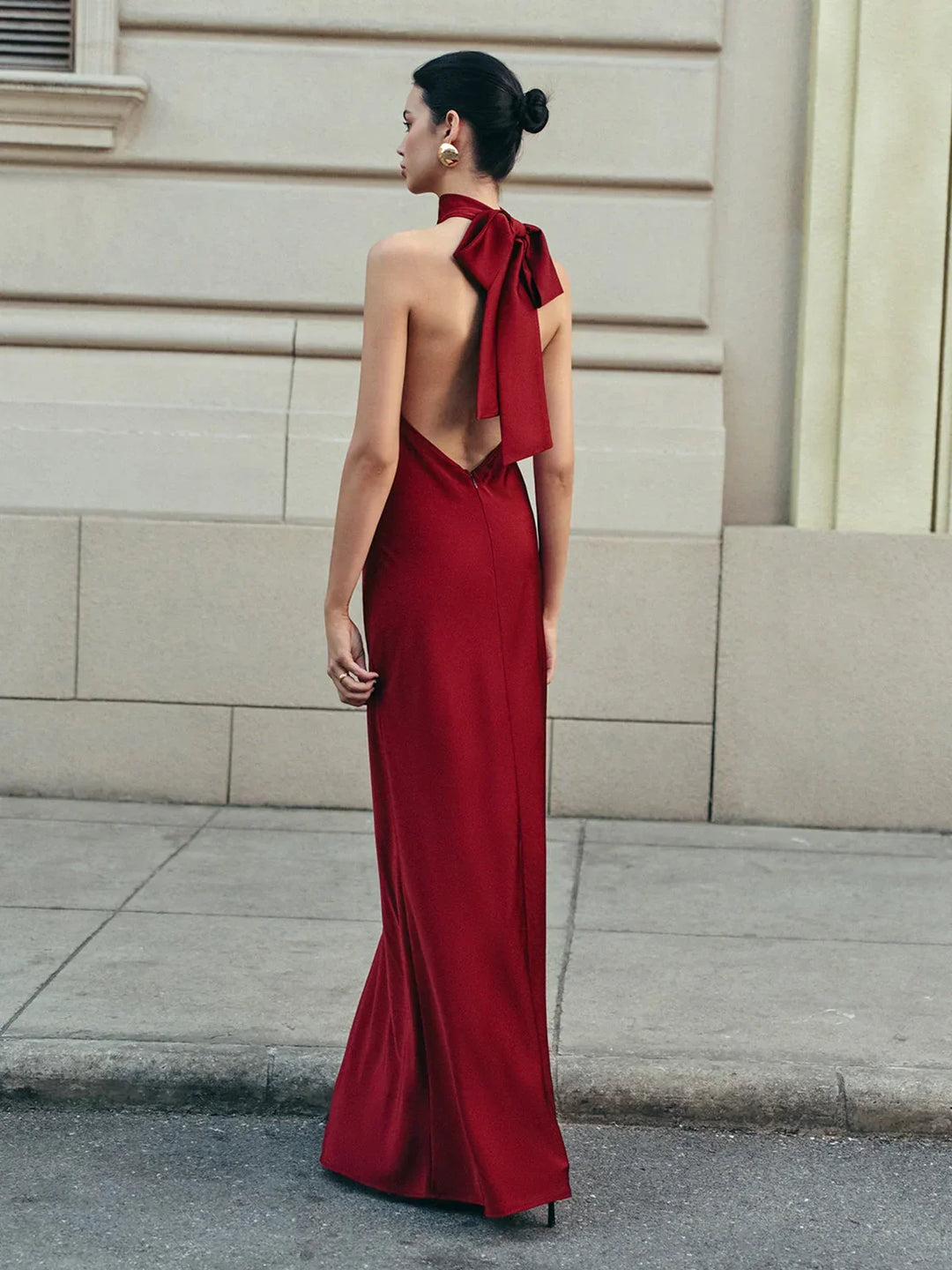 Red Backless Long Dress for Women with Trailing Bow