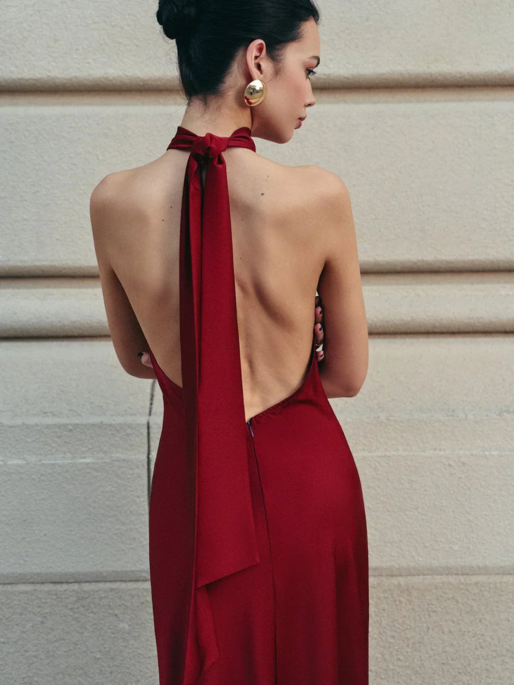 Red Backless Long Dress for Women with Trailing Bow