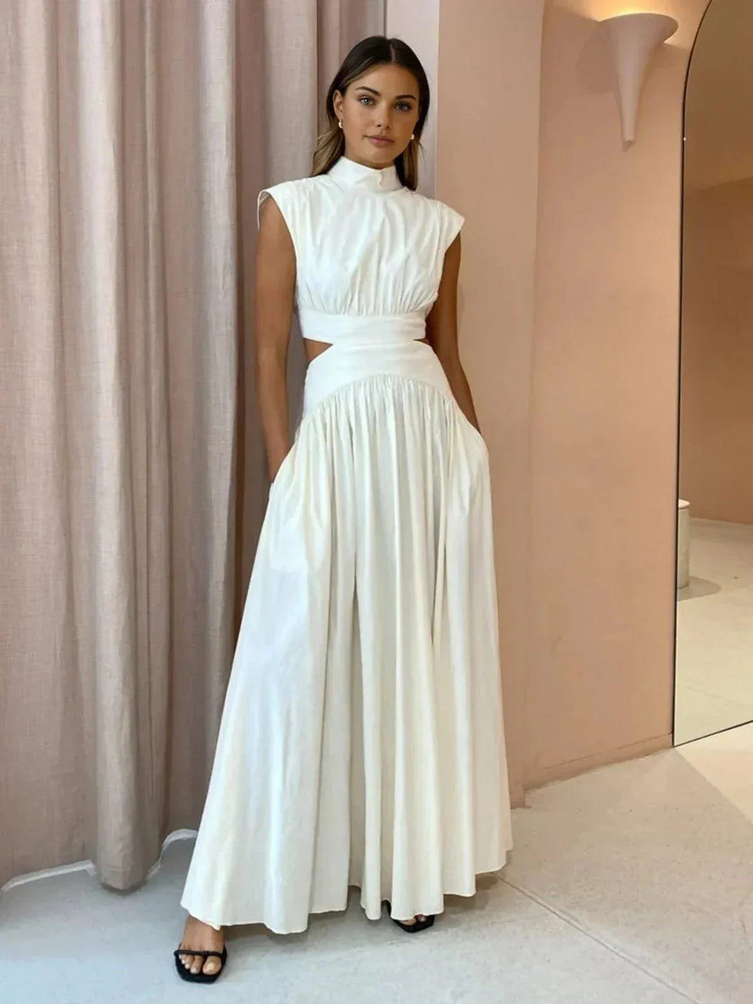 Long Women's Dress with High Neck and Elegant Cutouts