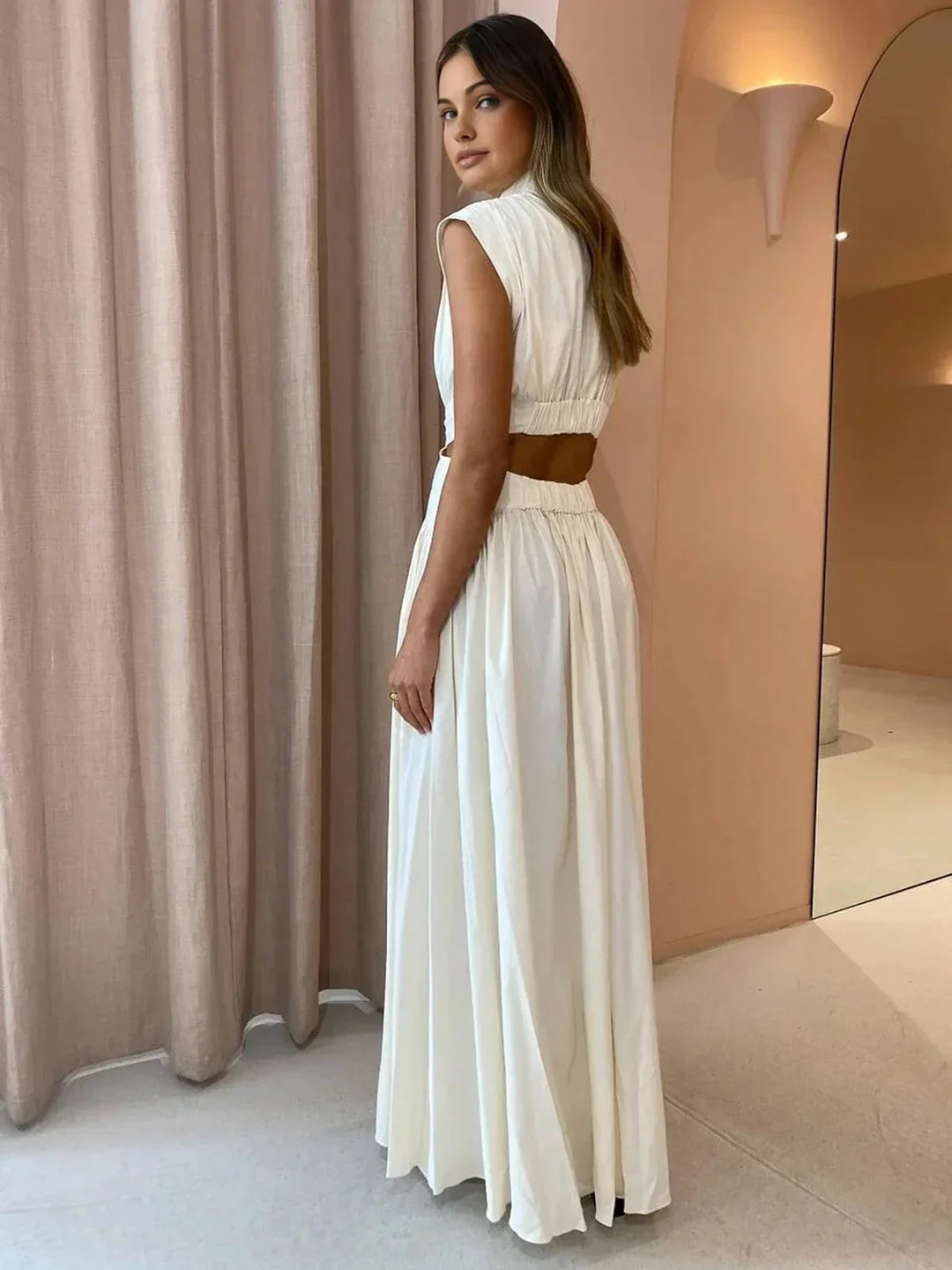 Long Women's Dress with High Neck and Elegant Cutouts
