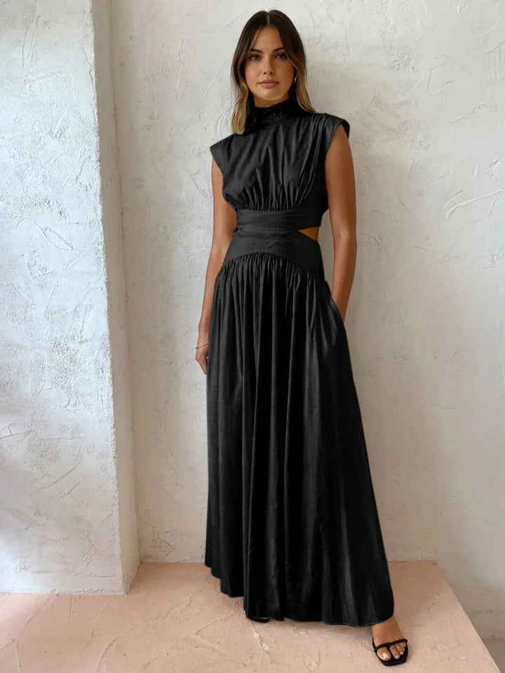 Long Women's Dress with High Neck and Elegant Cutouts