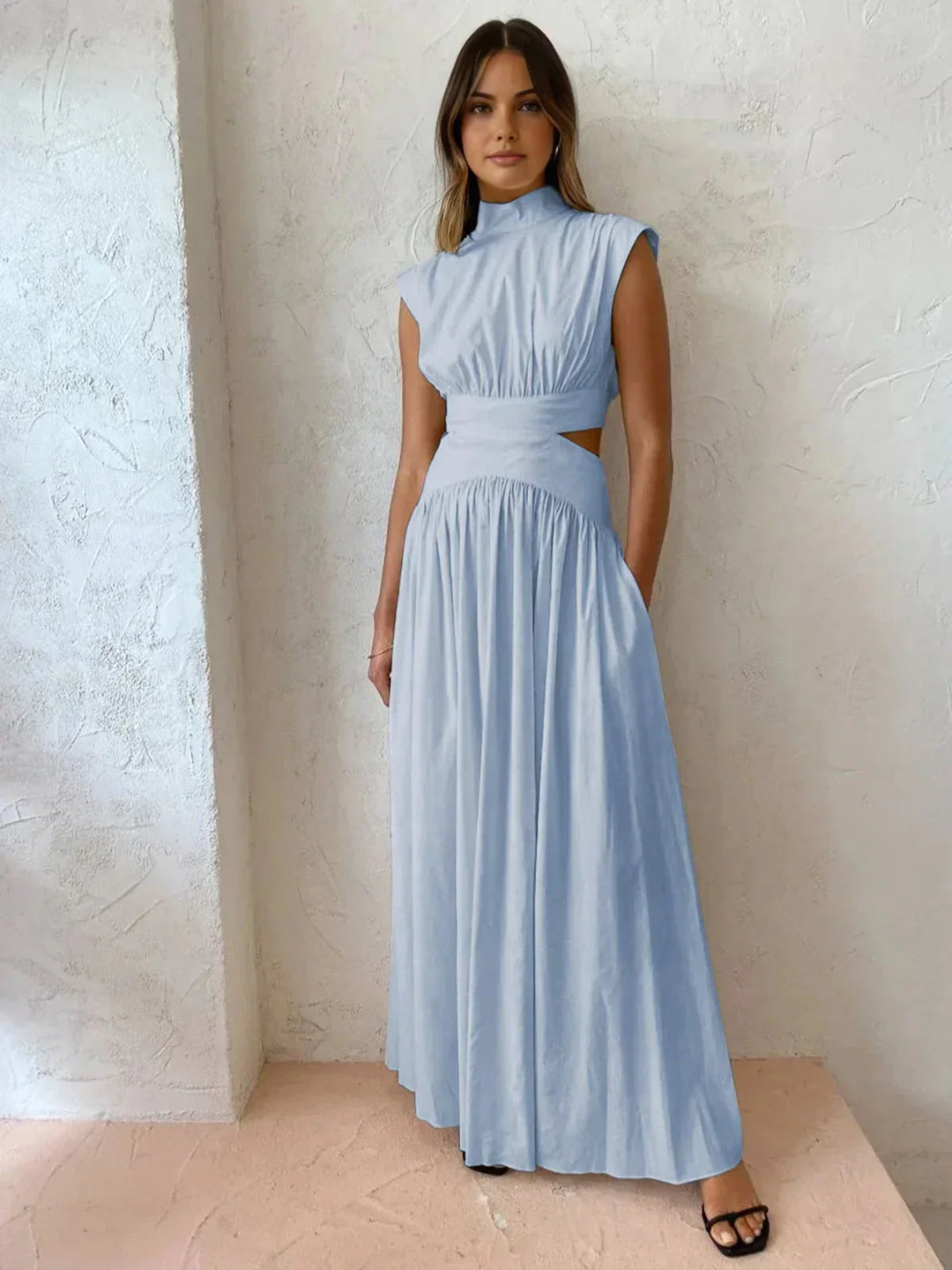 Long Women's Dress with High Neck and Elegant Cutouts