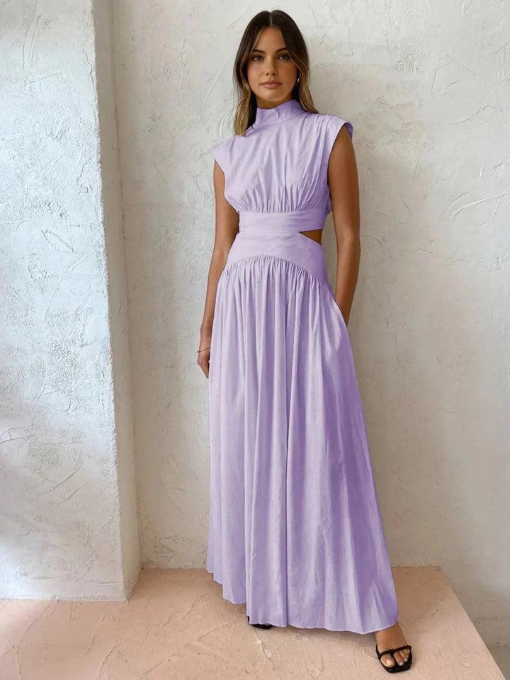 Long Women's Dress with High Neck and Elegant Cutouts