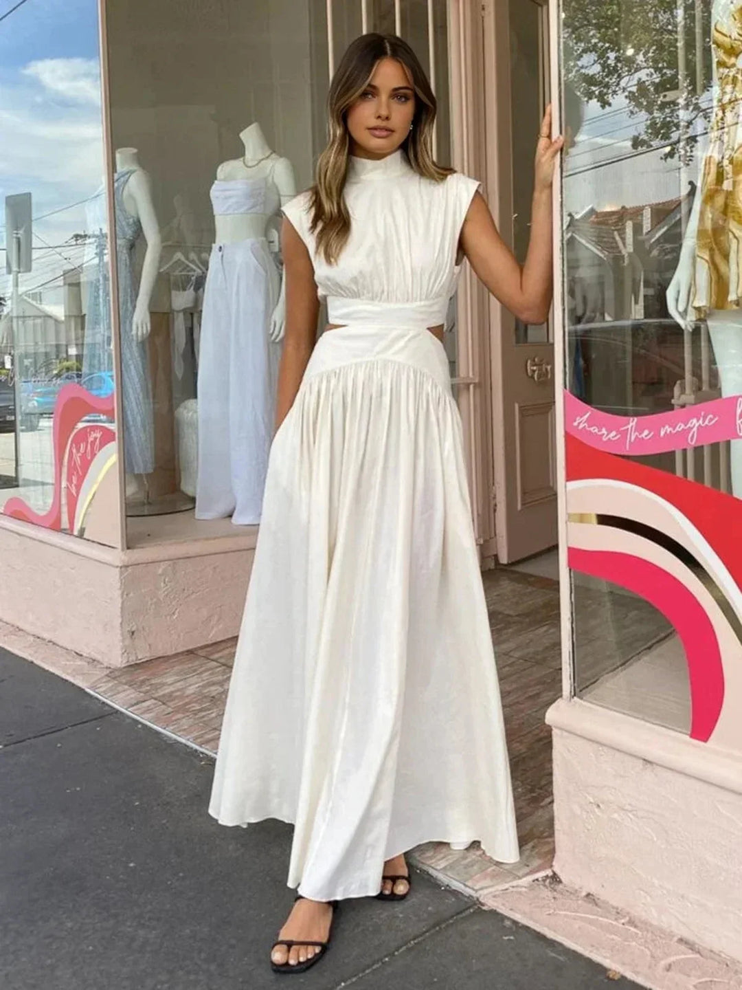 Long Women's Dress with High Neck and Elegant Cutouts