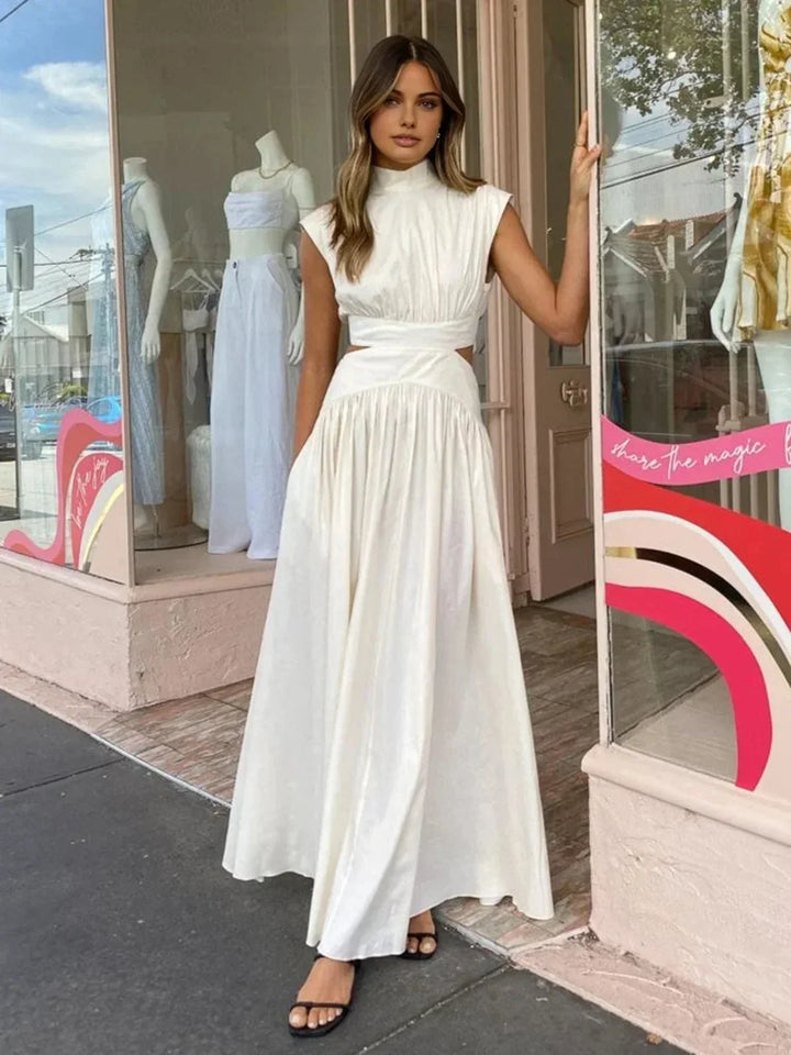 Long Women's Dress with High Neck and Elegant Cutouts