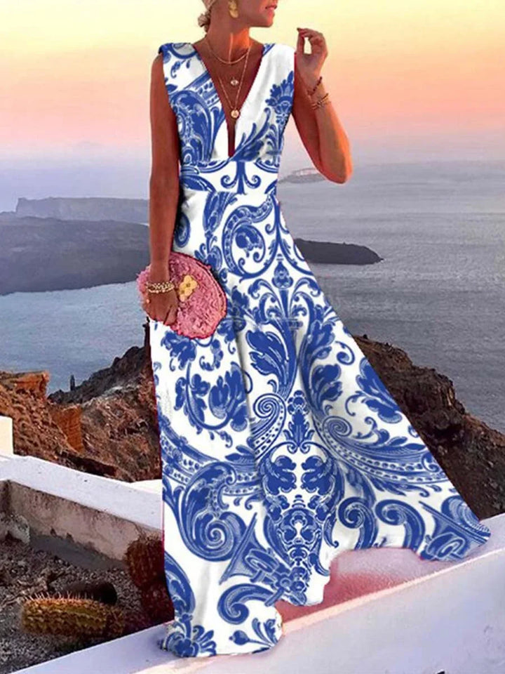 Backless V-Neck Flare Dress Long Women's Clothing