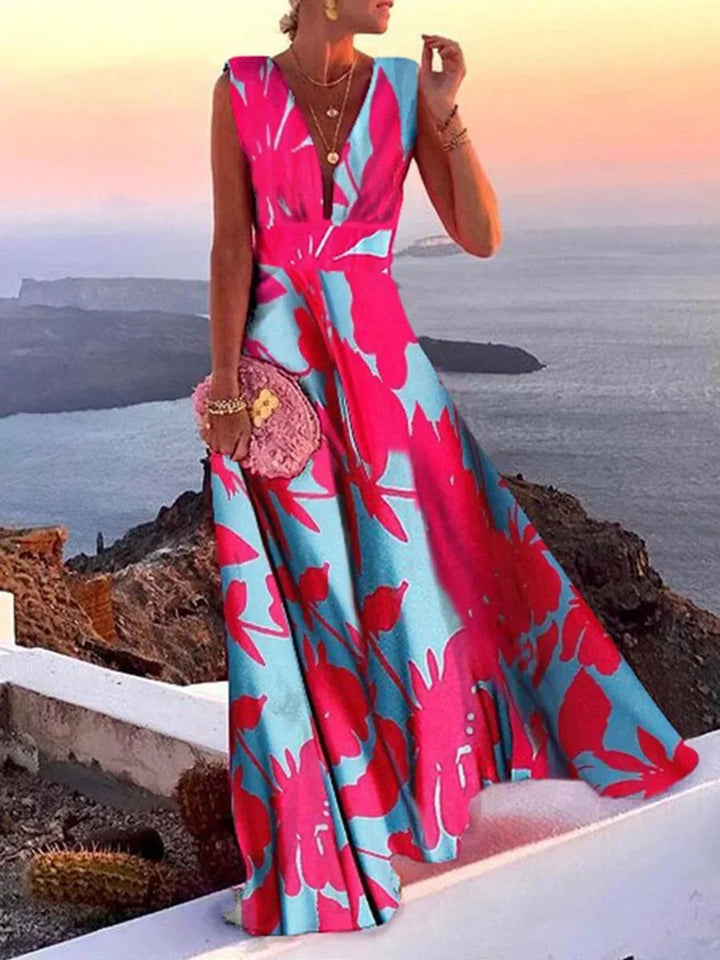 Backless V-Neck Flare Dress Long Women's Clothing