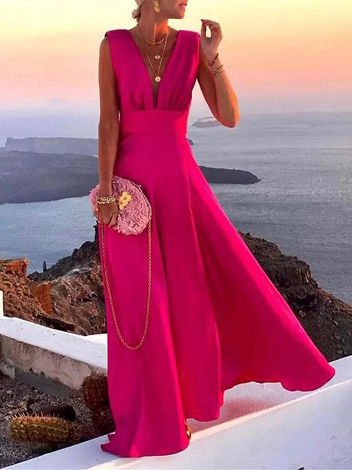Backless V-Neck Flare Dress Long Women's Clothing