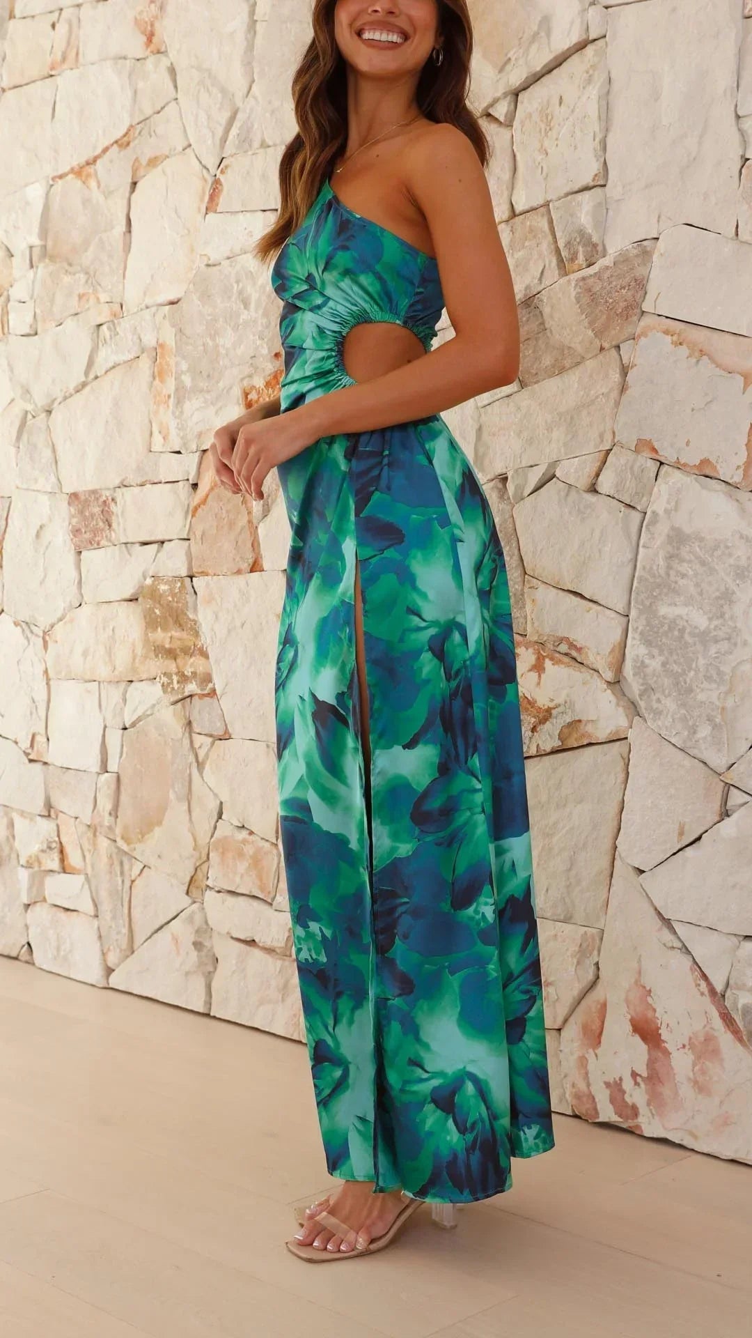 Green Long One-Shoulder Floral Split Evening Dress