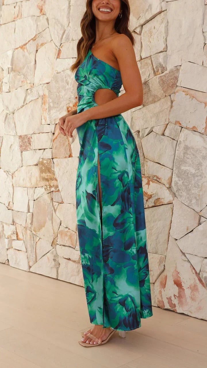 Green Long One-Shoulder Floral Split Evening Dress