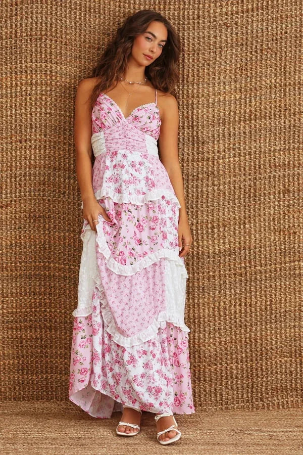Long Summer Women's Dress with Thin Straps in Patchwork