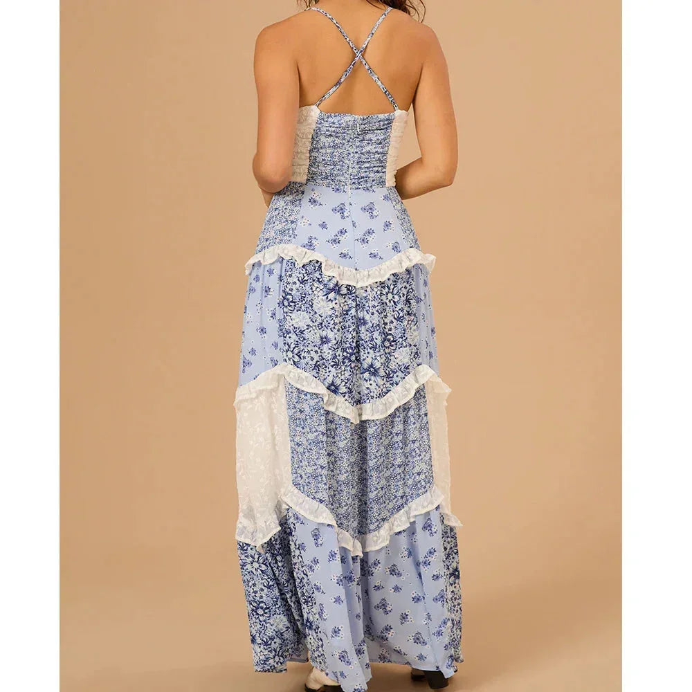 Long Summer Women's Dress with Thin Straps in Patchwork