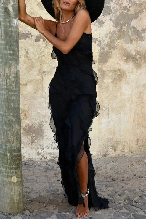 Long Women's Sleeveless Dress with Ruffles and Split