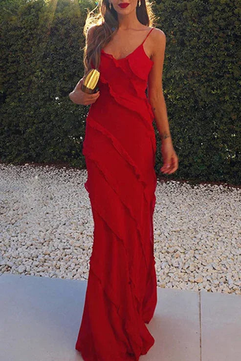 Long Sleeveless Women's Dress with Ruffles and Split