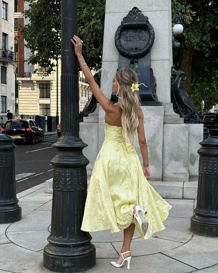 Yellow Backless Midi Dress for Women with Pleated Skirt