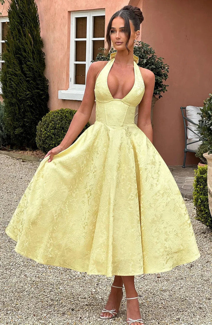 Yellow Backless Midi Dress for Women with Pleated Skirt