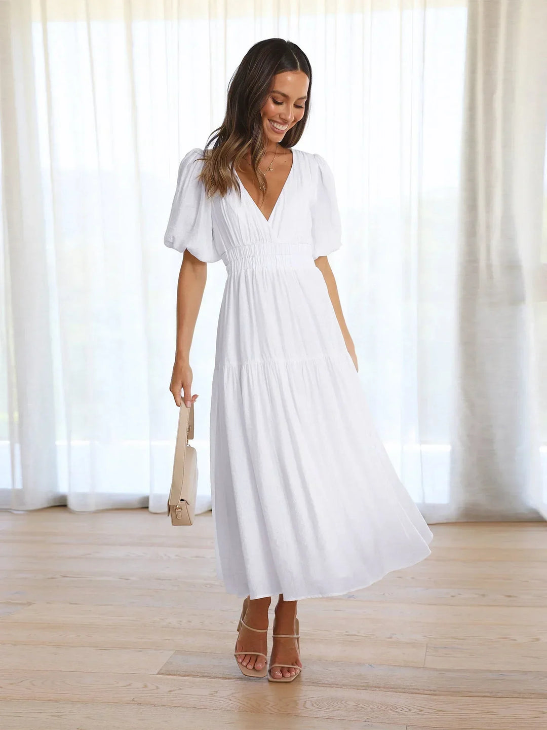 Women's Midi Dress with V-Neck and Short Sleeves