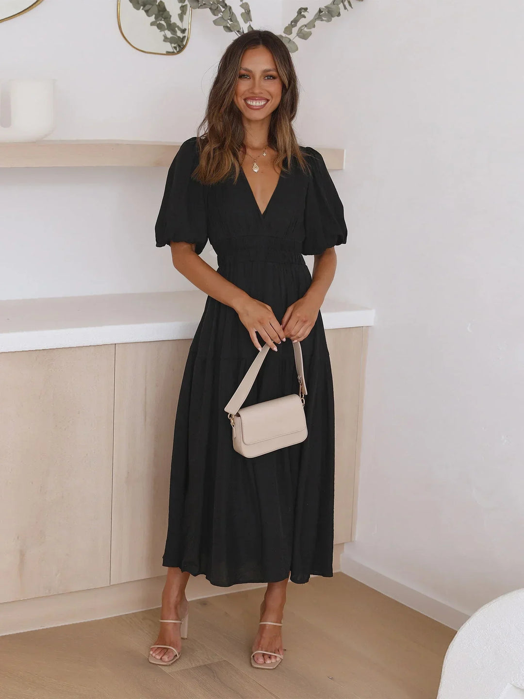 Women's Midi Dress with V-Neck and Short Sleeves