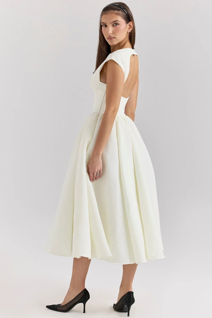 Loose Fit Midi Dress with Short Sleeves and Round Neck for Evenings - Black and White