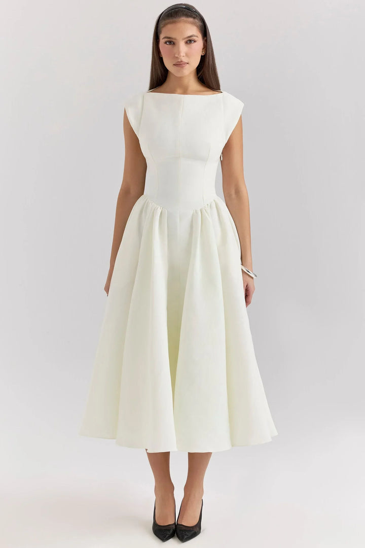 Loose Fit Midi Dress with Short Sleeves and Round Neck for Evenings - Black and White