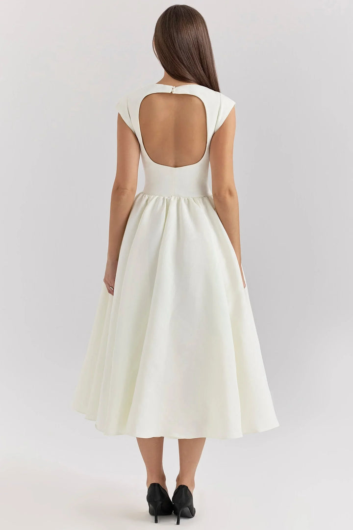 Loose Fit Midi Dress with Short Sleeves and Round Neck for Evenings - Black and White