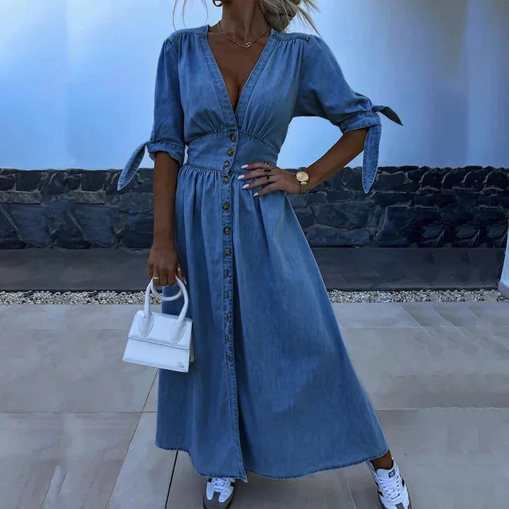 Blue denim long dress for women with V-neck and buttons