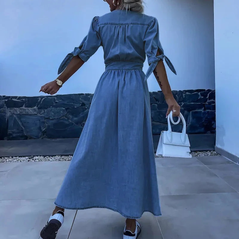 Blue denim long dress for women with V-neck and buttons