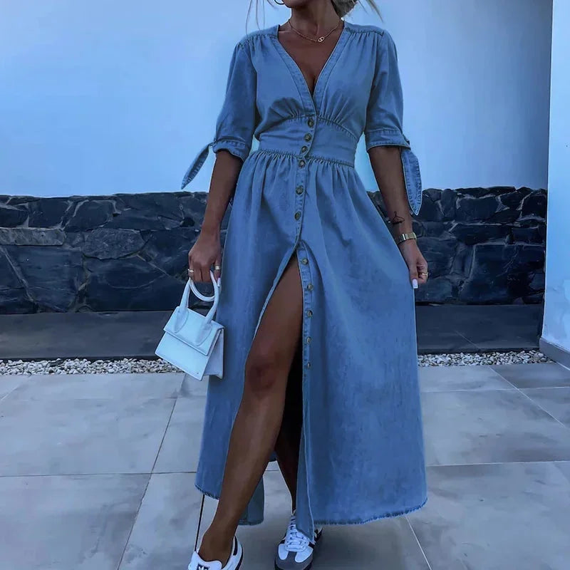 Blue denim long dress for women with V-neck and buttons