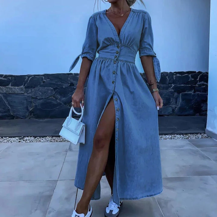 Blue denim long dress for women with V-neck and buttons