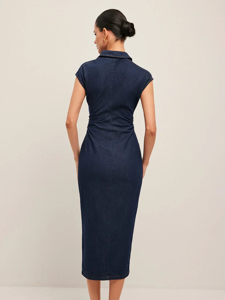 Navy Blue Buttoned Midi Denim Dress with V-Neck and Sleeveless Design for Office Summer