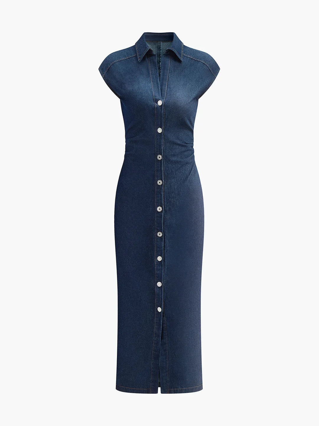 Navy Blue Buttoned Midi Denim Dress with V-Neck and Sleeveless Design for Office Summer
