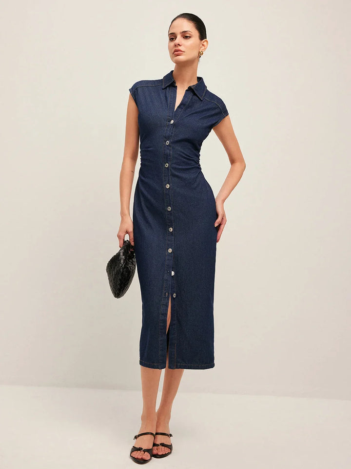 Navy Blue Buttoned Midi Denim Dress with V-Neck and Sleeveless Design for Office Summer