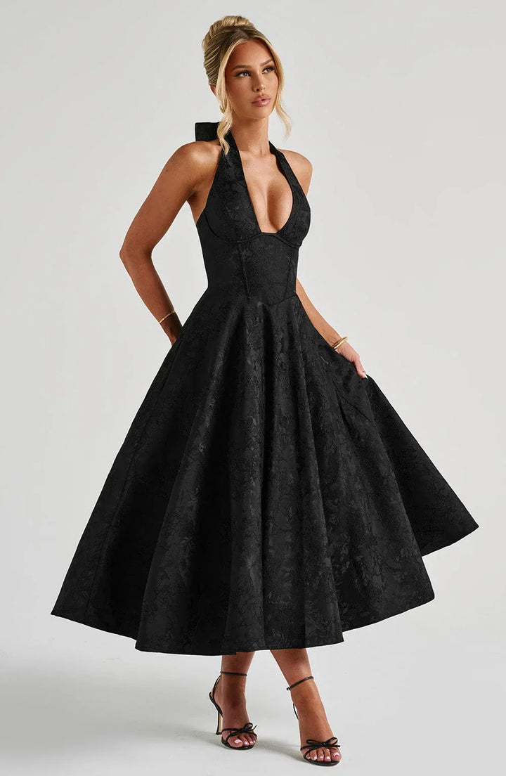 Open Back Flared Skirt Mid-Length Dress
