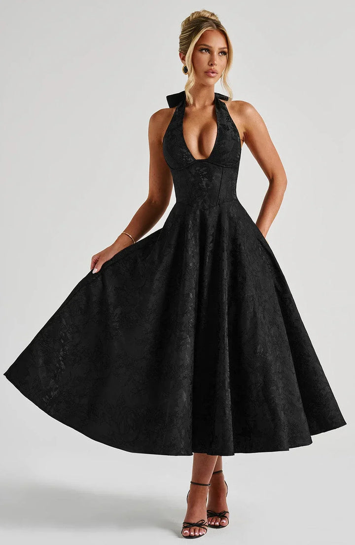 Open Back Flared Skirt Mid-Length Dress