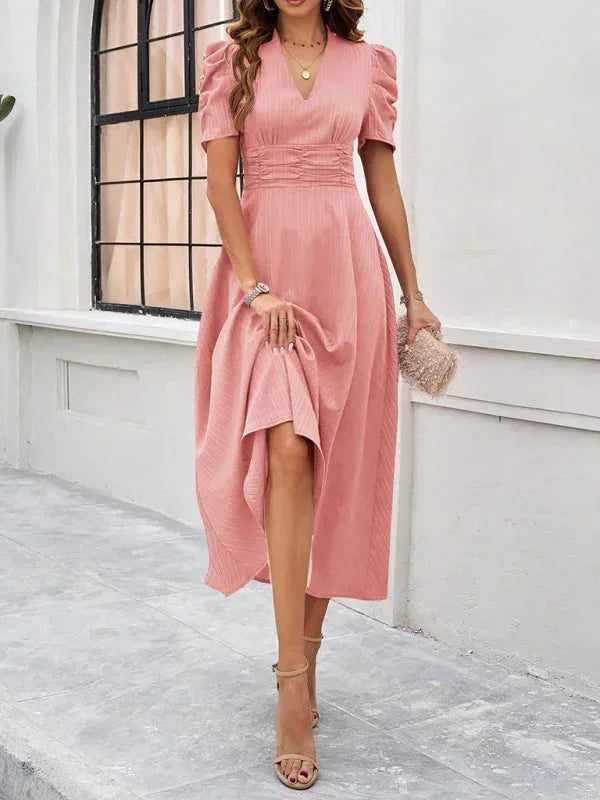 Midi Dress with V-Neck and Puff Sleeves for Women