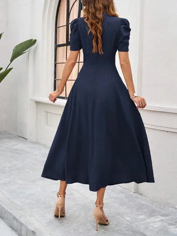 Midi Dress with V-Neck and Puff Sleeves for Women