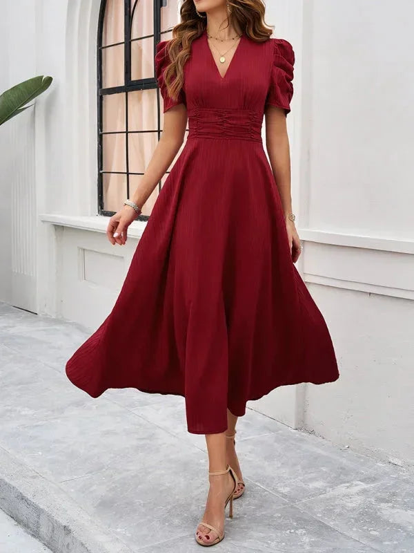 Midi Dress with V-Neck and Puff Sleeves for Women