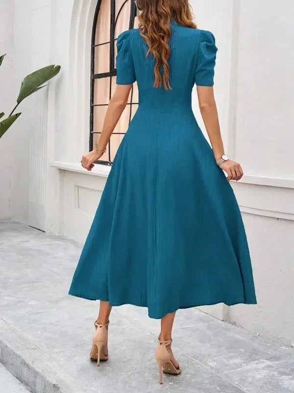 Midi Dress with V-Neck and Puff Sleeves for Women