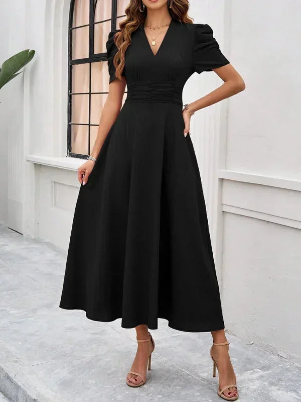 Midi Dress with V-Neck and Puff Sleeves for Women
