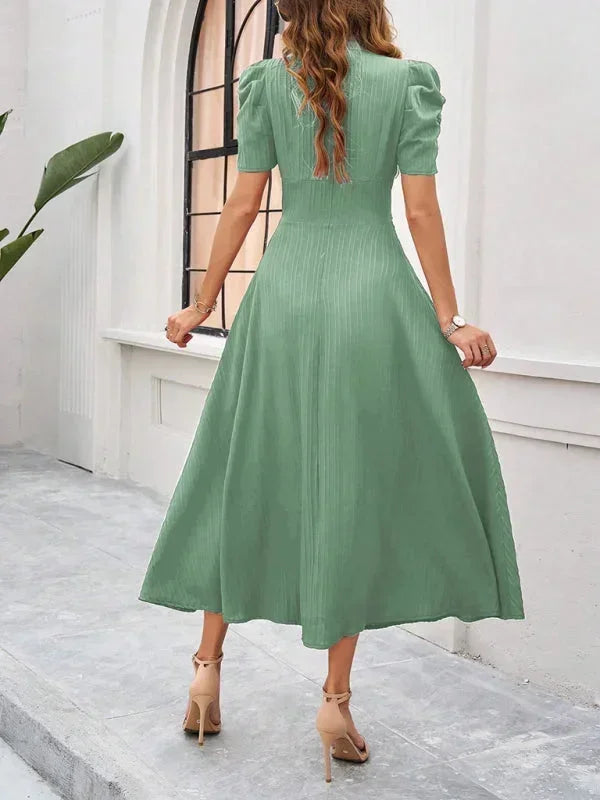 Midi Dress with V-Neck and Puff Sleeves for Women