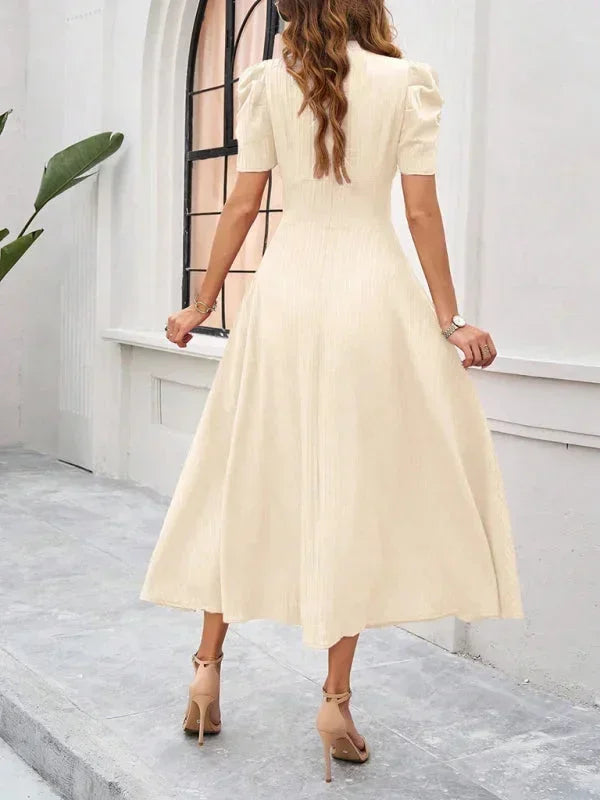 Midi Dress with V-Neck and Puff Sleeves for Women