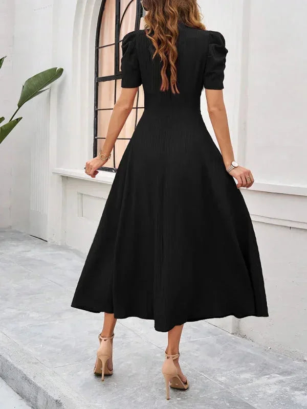 Midi Dress with V-Neck and Puff Sleeves for Women