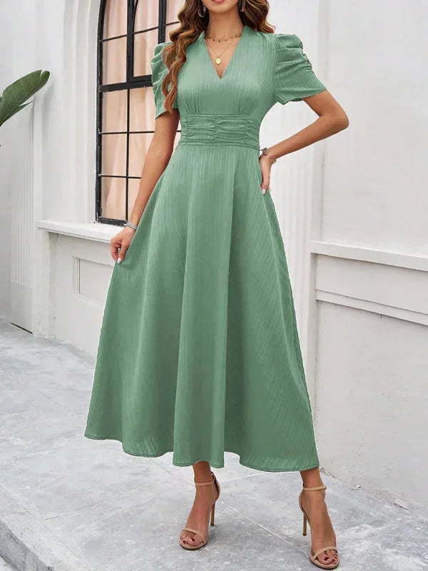 Midi Dress with V-Neck and Puff Sleeves for Women