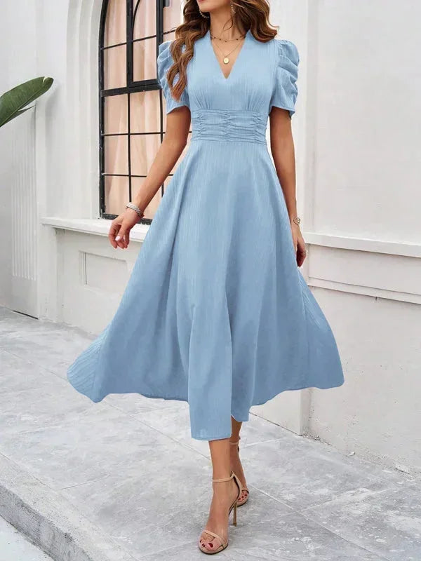 Midi Dress with V-Neck and Puff Sleeves for Women