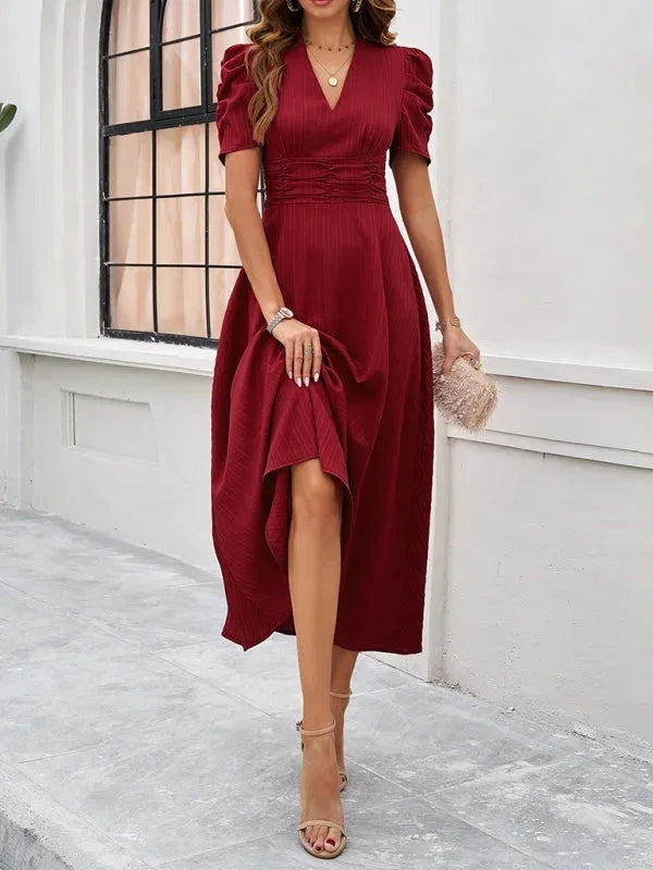 Midi Dress with V-Neck and Puff Sleeves for Women