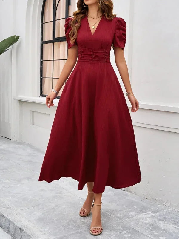 Midi Dress with V-Neck and Puff Sleeves for Women