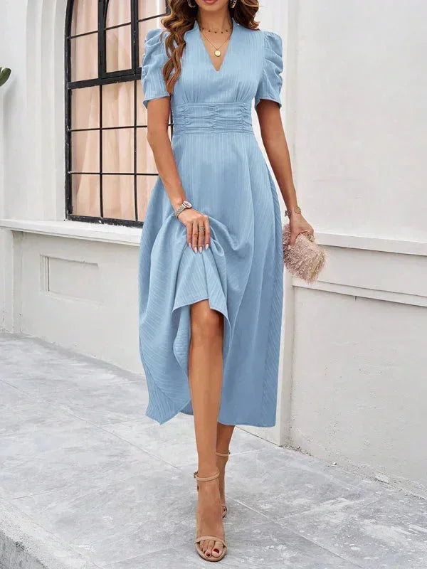 Midi Dress with V-Neck and Puff Sleeves for Women